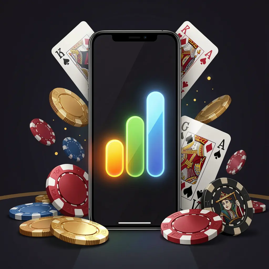 H 48 casino app installation visual on a smartphone with a glowing progress bar, surrounded by coins, chips, and cards on a dark background, showcasing premium mobile gaming design