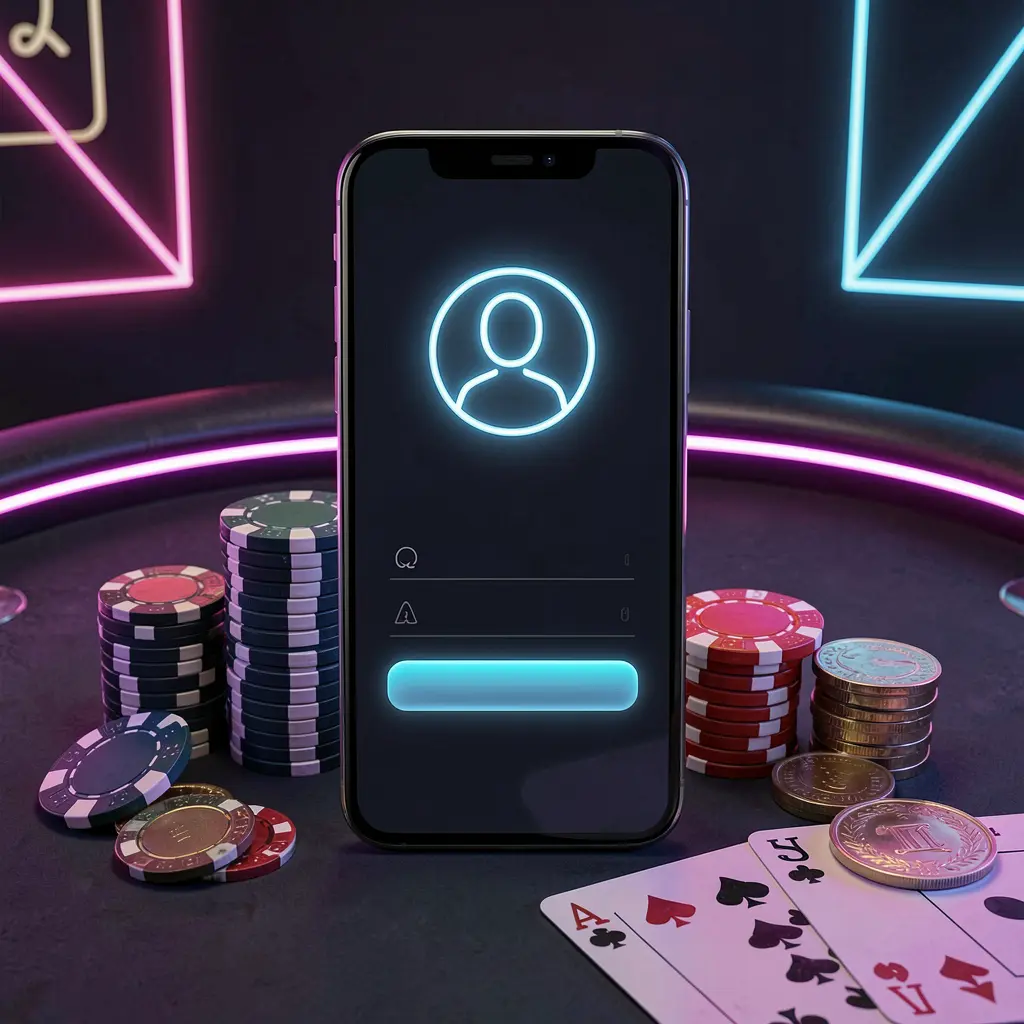 H 48 casino app login scene on a smartphone with glowing user profile icon, surrounded by chips, cards, and coins against an elegant dark background with neon highlights