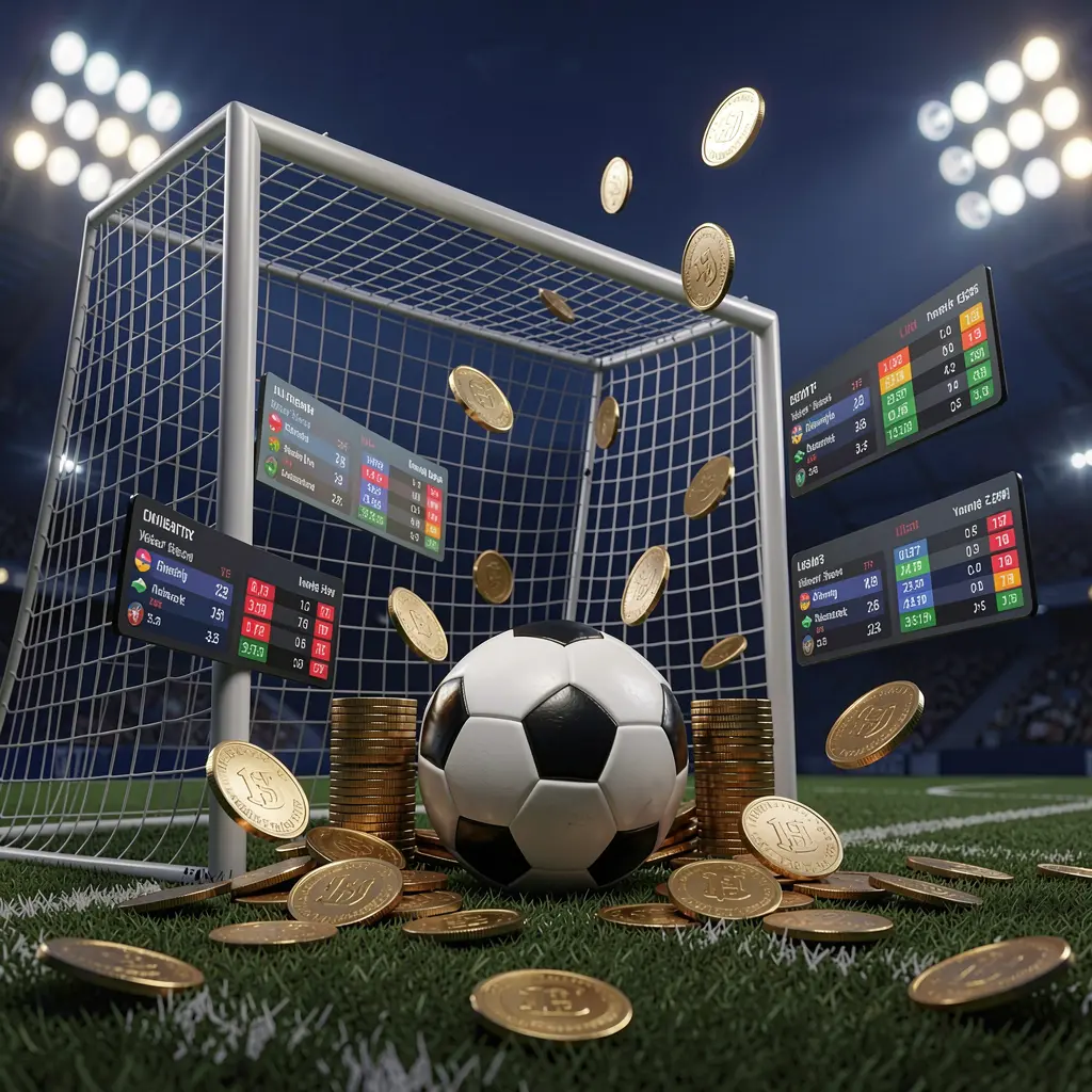 Realistic 3D render of a football goal net with a soccer ball, stadium lights, coins, and floating live score panels on a dark blue background, representing H 48 sports betting in the Philippines