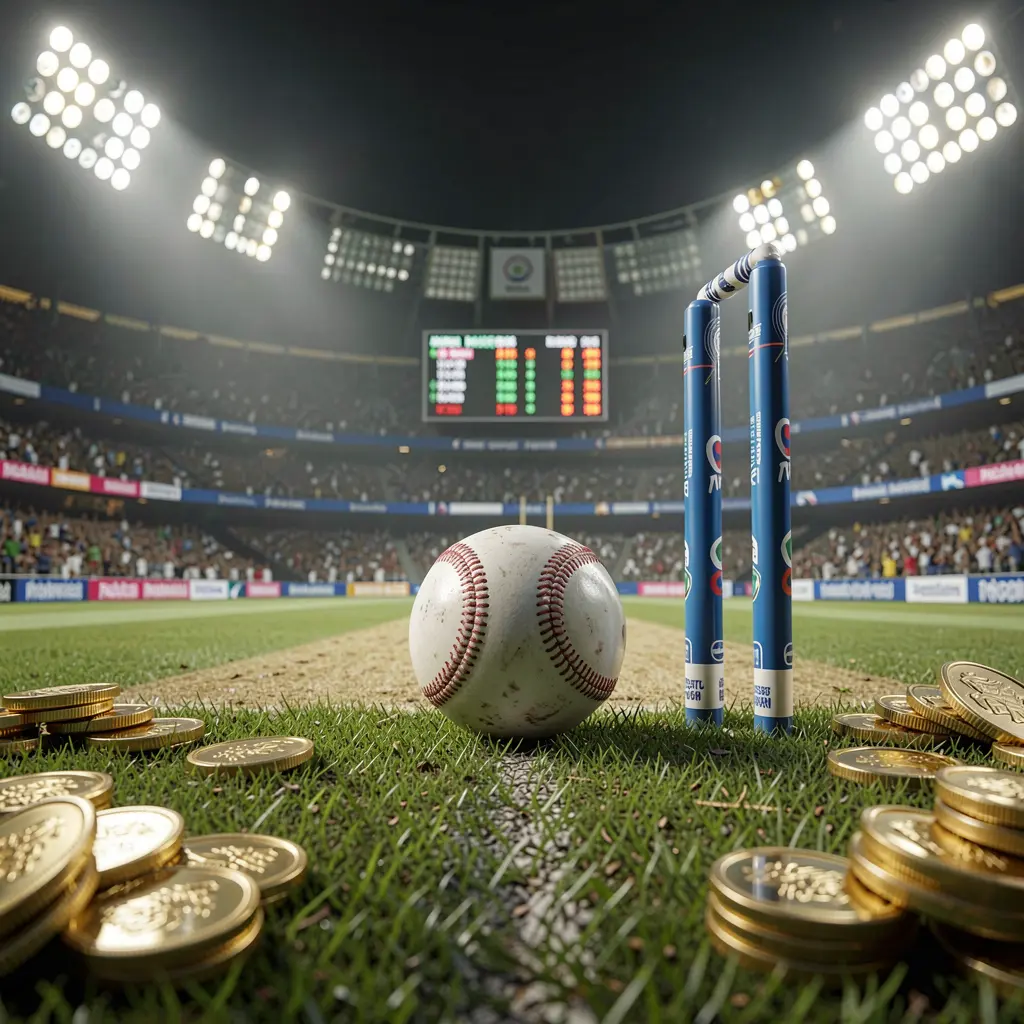 Live cricket betting scene featuring a cricket pitch illuminated by bright stadium lights with wickets, ball, golden coins, and glowing odds panels, showcasing H 48 brand in a cinematic realistic render