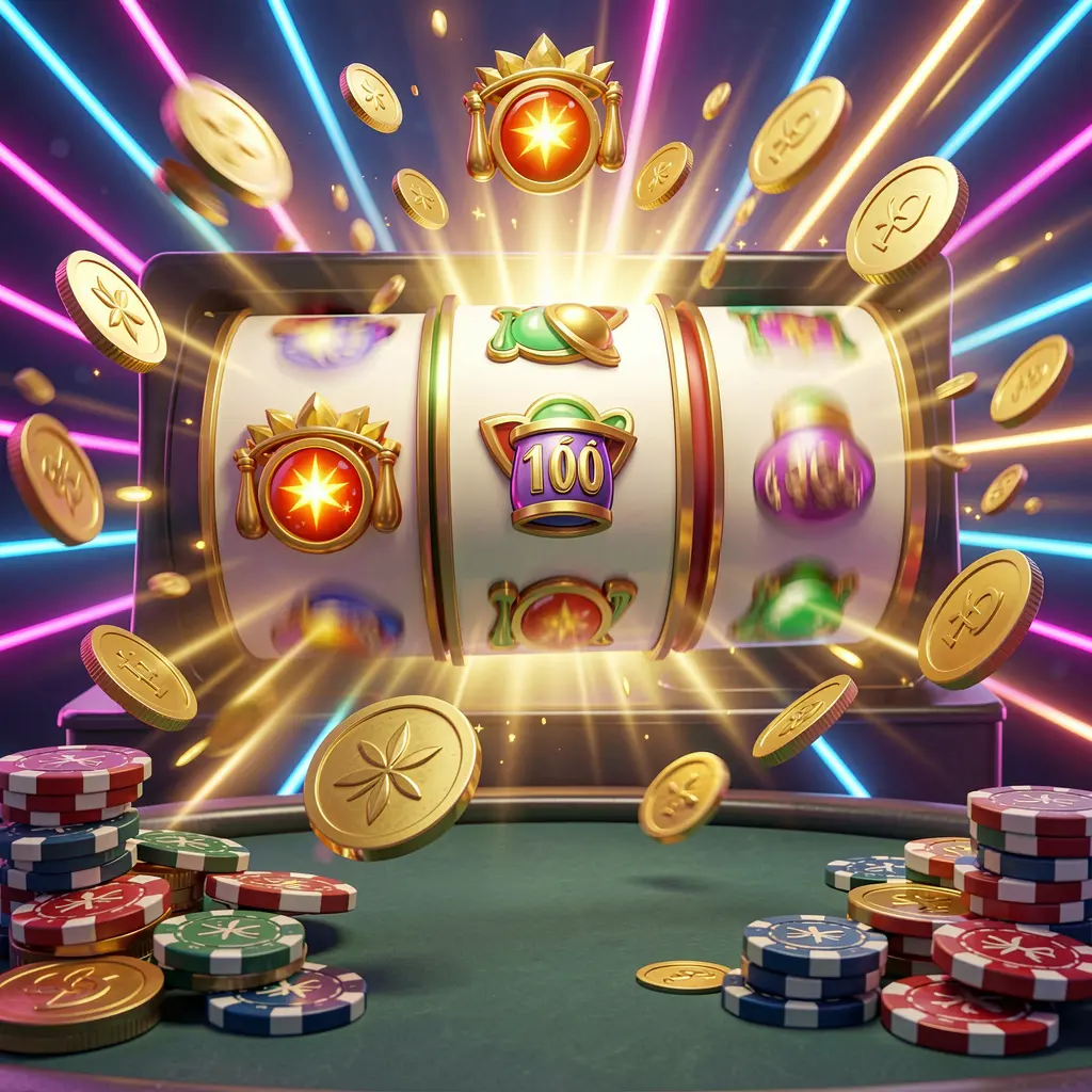 H 48 online casino free spins bonus concept featuring colorful slot machine reels spinning with golden light effects, coins flying around, jackpot symbols, and casino chips on a vibrant neon background in a high quality 3D render