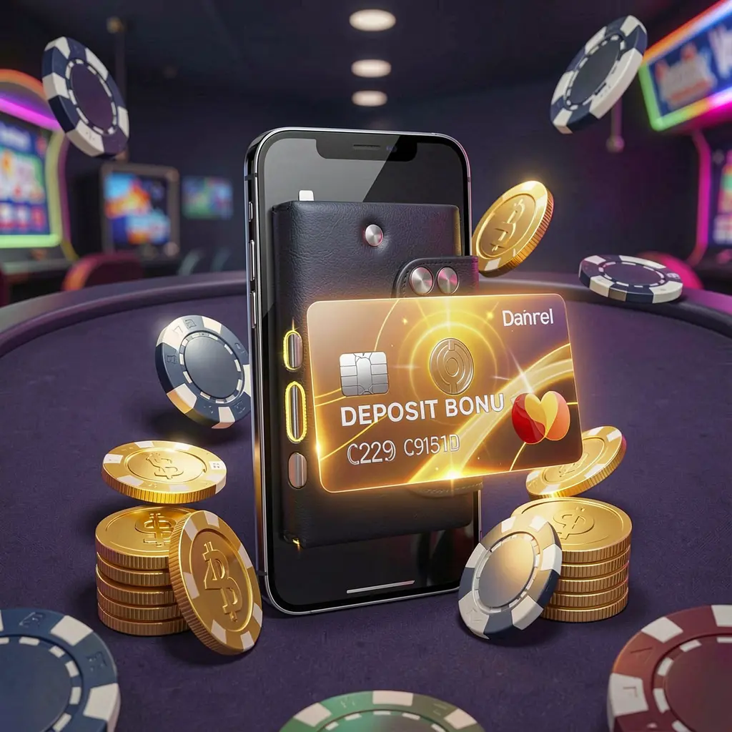 H 48 deposit bonus concept featuring a smartphone wallet with a glowing payment card, surrounded by golden coins and poker chips in a modern mobile casino style