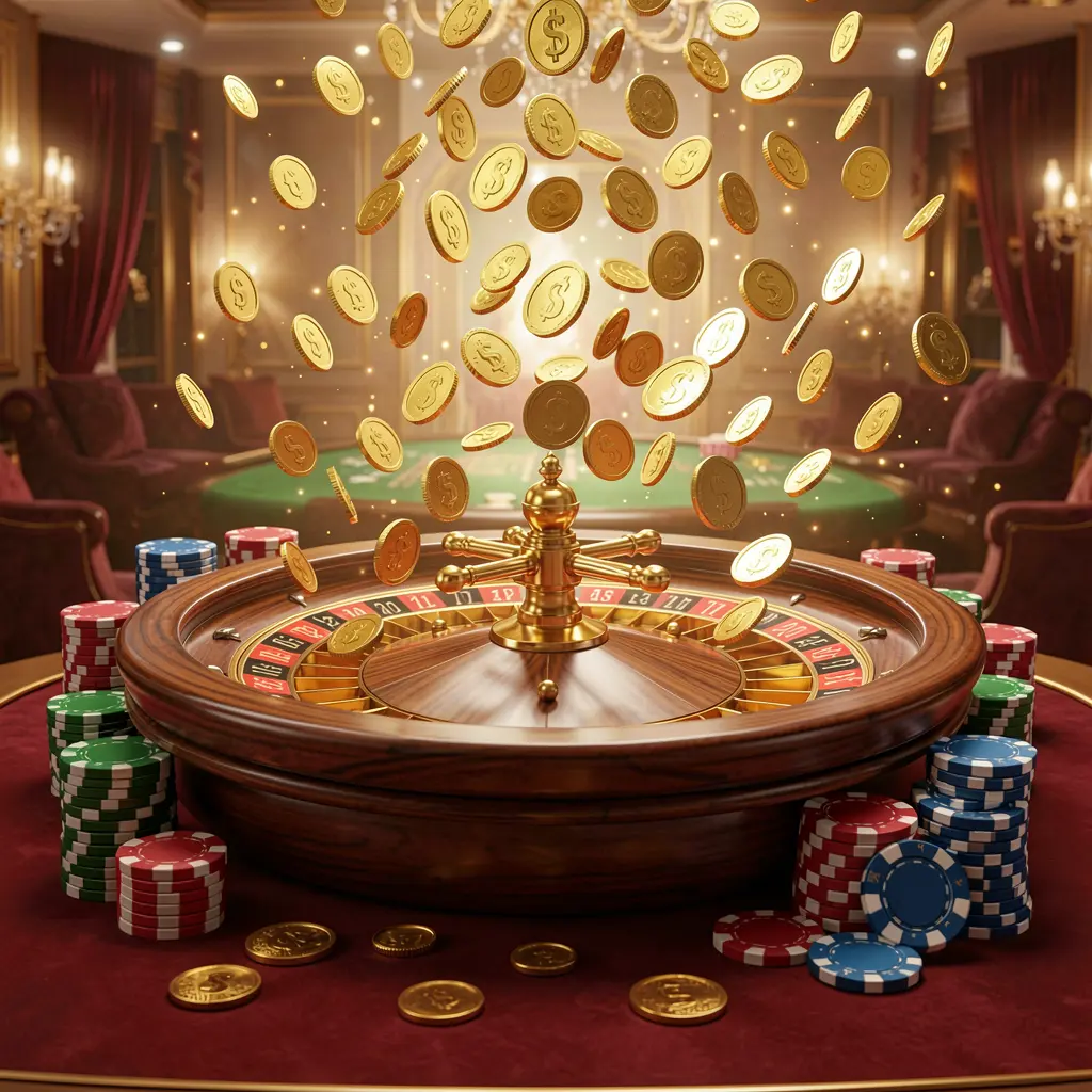 H 48 premium online casino banner with golden coins raining over a roulette wheel and poker chips against a glowing luxury background in a dynamic 3D render