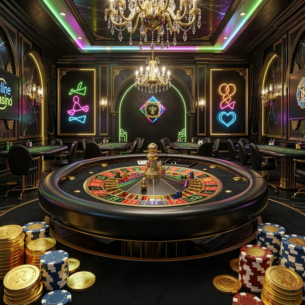 Luxury casino hall with roulette table, poker chips, and golden coins in a premium black and gold atmosphere, featuring glowing neon lights in a cinematic 3D render for H 48 online casino