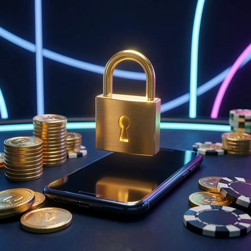 H 48 casino login security image showing a glowing padlock floating above a smartphone with golden coins and chips scattered around against a dark blue neon background