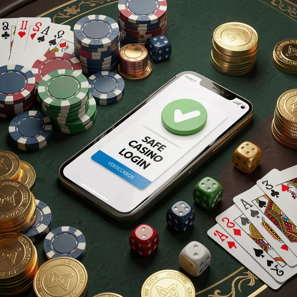 H 48 safe casino login concept showing a smartphone with verification checkmark icon surrounded by chips, cards, dice, and golden coins on an elegant luxury casino table in a 3D realistic render