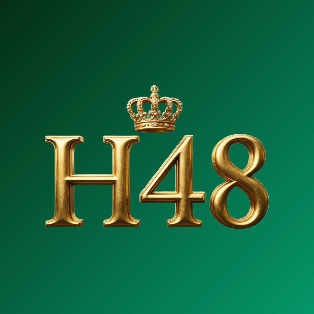 H 48 luxury brand logo with a gold metallic crown above the letters, featuring a royal design and a transparent background in a wide horizontal rectangular layout for website header