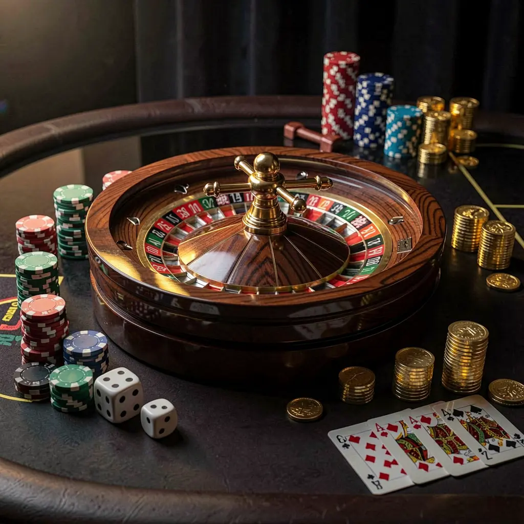 H 48 premium casino homepage scene featuring a roulette wheel spinning on a glossy table with poker chips, dice, cards, and golden coins against an elegant dark background with cinematic lighting
